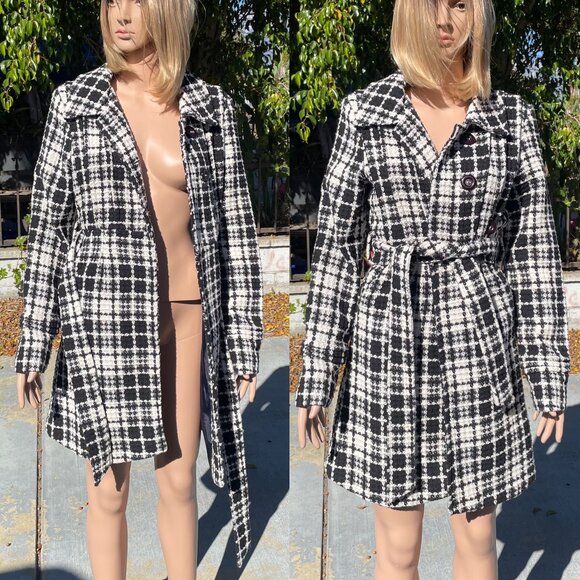 Tweed Gingham Houndstooth Checkered Peacoat Trench Coat Blazer Belt Jou Jou - Picture 1 of 2